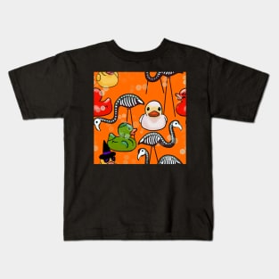 Spooky Halloween Rubber Ducks and Pink Flamingo Skeletons Orange Kids T-Shirt